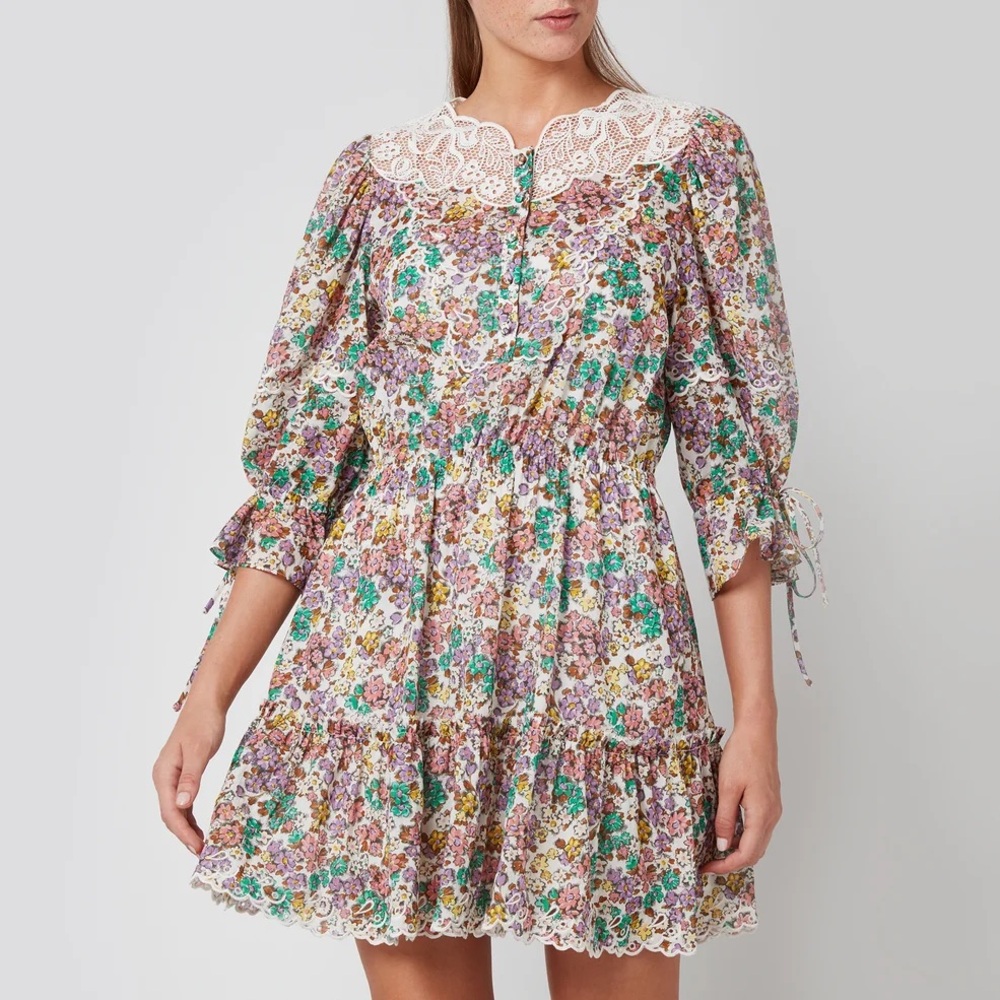 Coach Dress Size 2 Floral Tiered Mini 3/4 Sleeve White Lace Romantic Summer